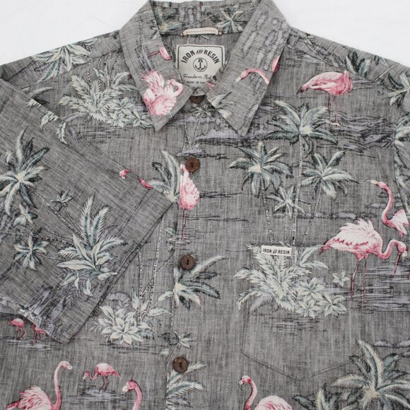 Iron and Resin Shirt Men's Large Button Up Flamingo tropical palm Reverse Print - Picture 1 of 12
